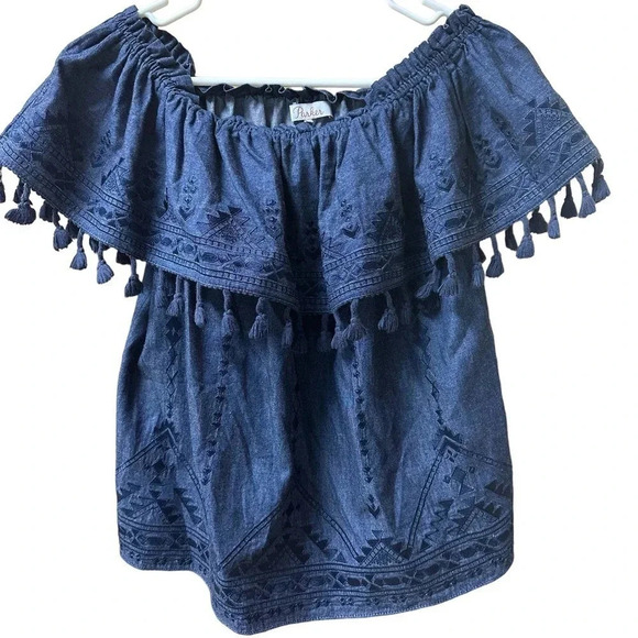 Parker NWOT’s denim off the shoulder ruffle top. Size small - Picture 1 of 7